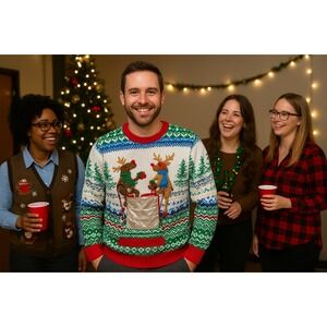 Ugly Christmas Sweater M‎ Nordic Reindeer Beer Pong Party Knit Red Solo Cup Fun
